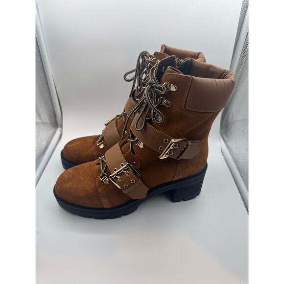 AQUA Genie Buckle Hiker Leather Biker Boots Cognac size 8m Eyes Lace-up Gold new - Picture 7 of 15